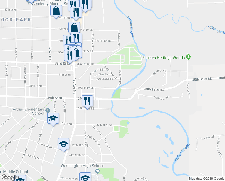 map of restaurants, bars, coffee shops, grocery stores, and more near 3000 Sidney Street Southeast in Cedar Rapids