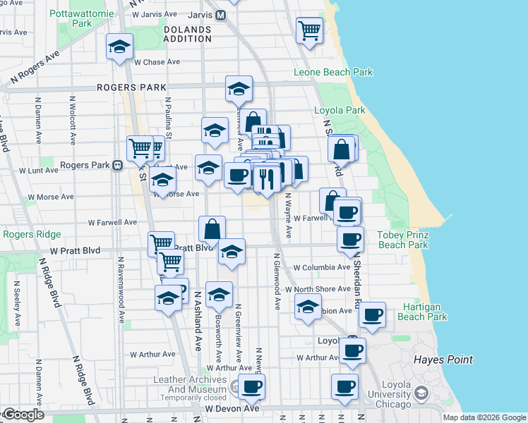 map of restaurants, bars, coffee shops, grocery stores, and more near 1416 West Farwell Avenue in Chicago
