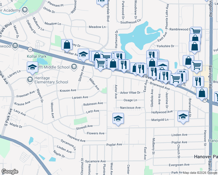 map of restaurants, bars, coffee shops, grocery stores, and more near 1515 McKool Avenue in Streamwood