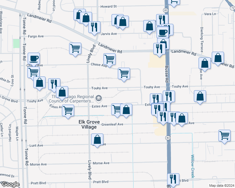 map of restaurants, bars, coffee shops, grocery stores, and more near 1301 Touhy Avenue in Elk Grove Village