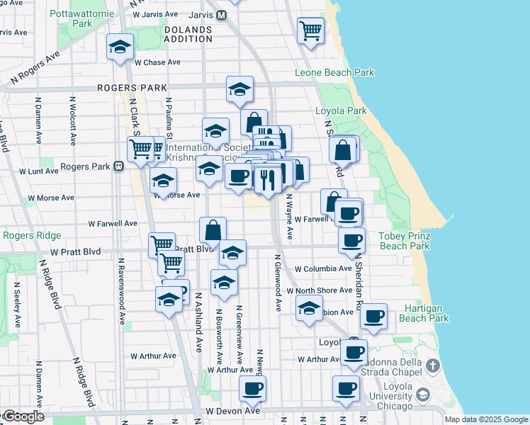 map of restaurants, bars, coffee shops, grocery stores, and more near 6930 North Glenwood Avenue in Chicago