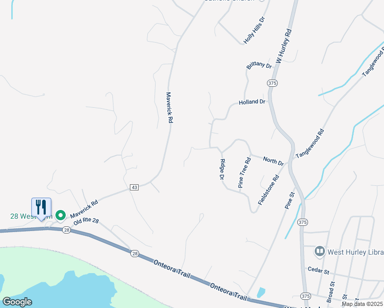 map of restaurants, bars, coffee shops, grocery stores, and more near 43 Flanders Lane in West Hurley