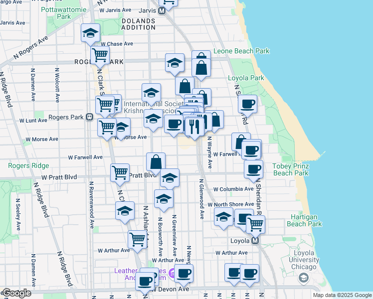 map of restaurants, bars, coffee shops, grocery stores, and more near 1426 West Farwell Avenue in Chicago