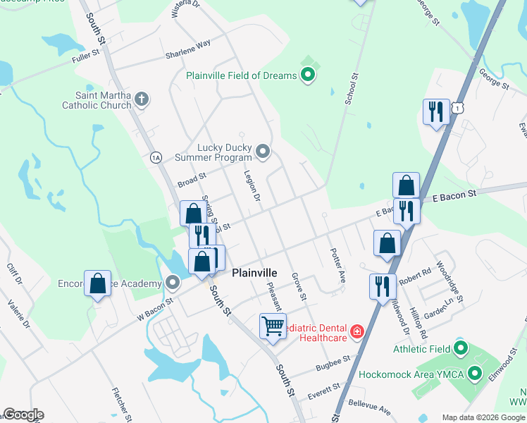 map of restaurants, bars, coffee shops, grocery stores, and more near 44 School Street in Plainville