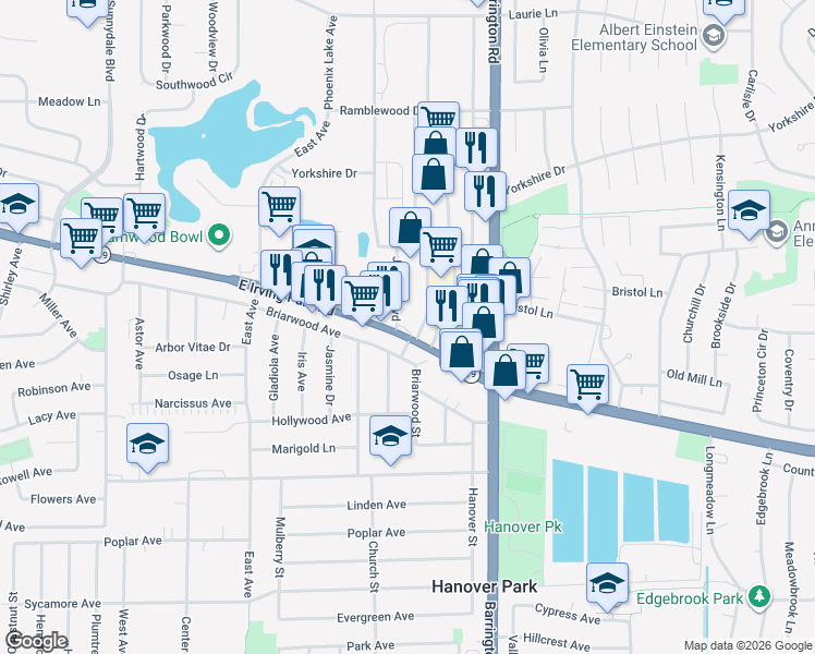 map of restaurants, bars, coffee shops, grocery stores, and more near 7401 Jensen Boulevard in Hanover Park