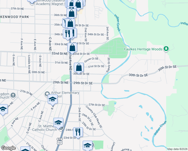 map of restaurants, bars, coffee shops, grocery stores, and more near 329 30th Street Drive Southeast in Cedar Rapids