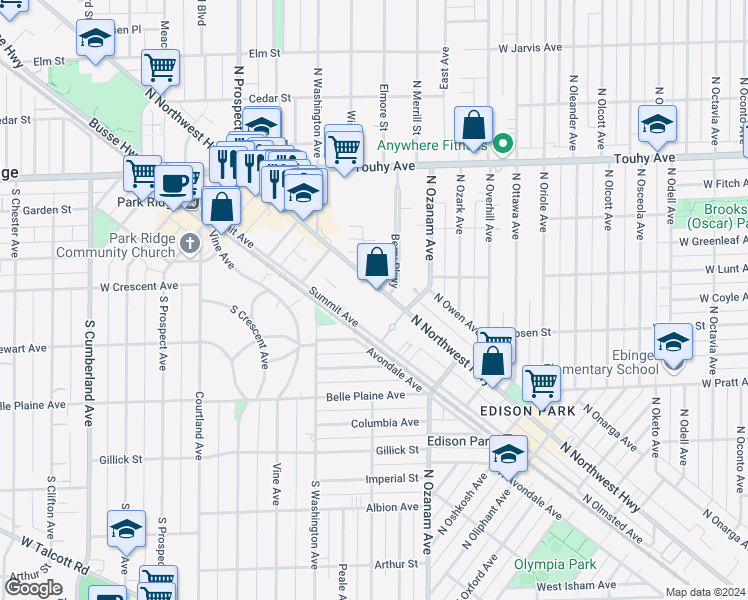 map of restaurants, bars, coffee shops, grocery stores, and more near 302 Berry Parkway in Park Ridge