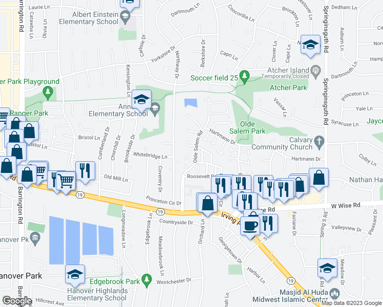map of restaurants, bars, coffee shops, grocery stores, and more near 7423 Nantucket Cove in Hanover Park