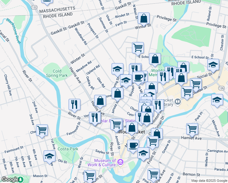 map of restaurants, bars, coffee shops, grocery stores, and more near 53 Spring Street in Woonsocket