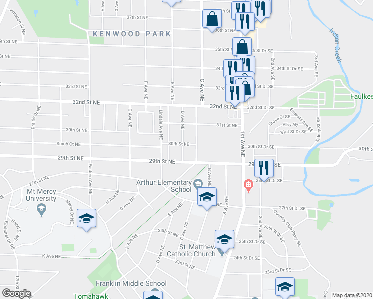 map of restaurants, bars, coffee shops, grocery stores, and more near 2927 D Avenue Northeast in Cedar Rapids