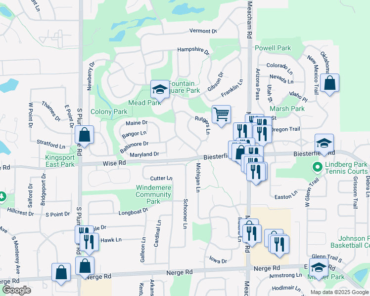map of restaurants, bars, coffee shops, grocery stores, and more near 1722 Biesterfield Road in Elk Grove Village