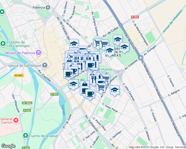 map of restaurants, bars, coffee shops, grocery stores, and more near 4 Avenida Modesto Lafuente in Palencia