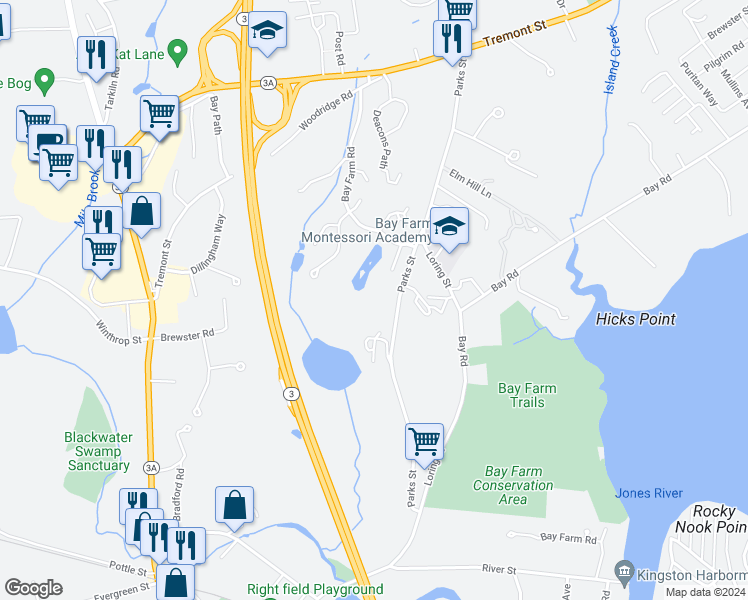 map of restaurants, bars, coffee shops, grocery stores, and more near 100 Parks Street in Duxbury