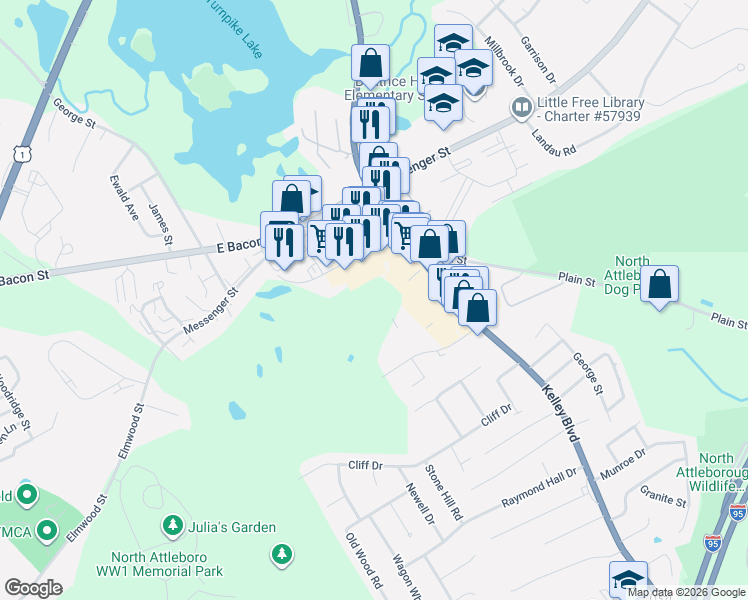 map of restaurants, bars, coffee shops, grocery stores, and more near 582 Kelley Boulevard in North Attleborough