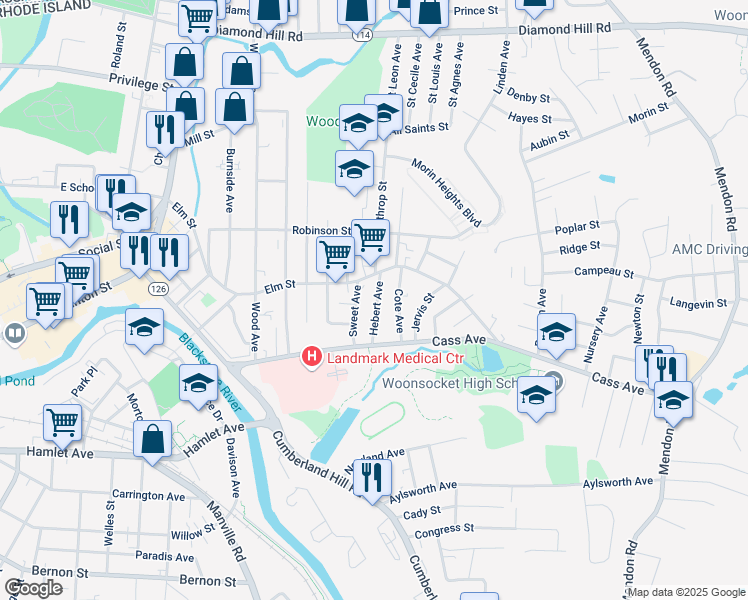 map of restaurants, bars, coffee shops, grocery stores, and more near 138 Hebert Avenue in Woonsocket