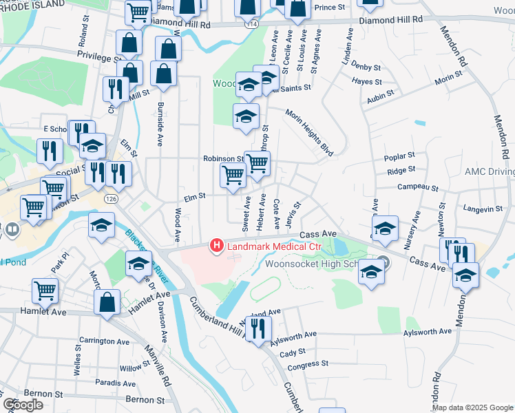 map of restaurants, bars, coffee shops, grocery stores, and more near 138 Hebert Avenue in Woonsocket