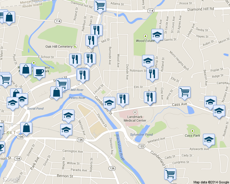 map of restaurants, bars, coffee shops, grocery stores, and more near 266 Elm Street in Woonsocket
