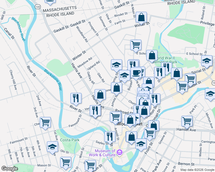 map of restaurants, bars, coffee shops, grocery stores, and more near 62 Glen Road in Woonsocket