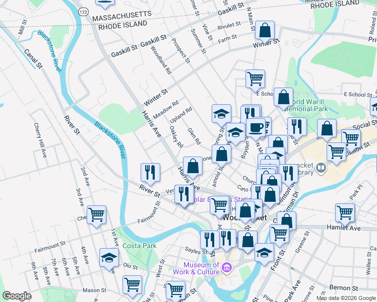 map of restaurants, bars, coffee shops, grocery stores, and more near 107 Oakley Road in Woonsocket