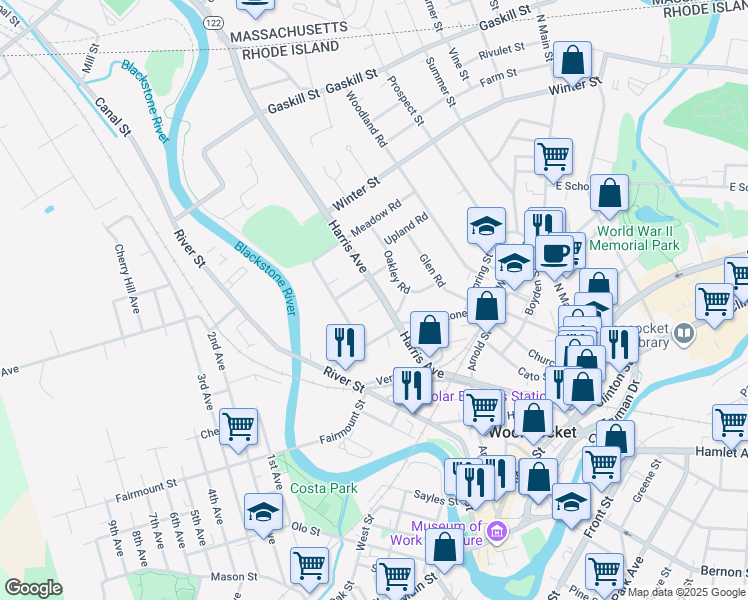 map of restaurants, bars, coffee shops, grocery stores, and more near 246 Harris Avenue in Woonsocket