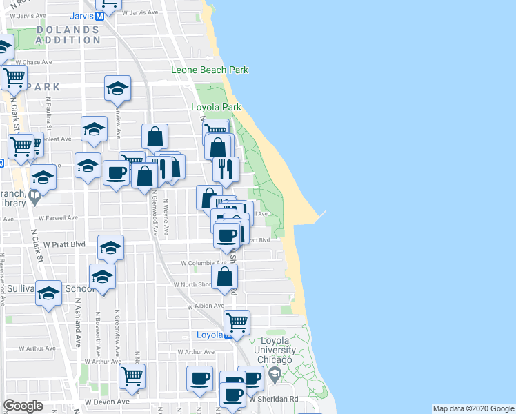map of restaurants, bars, coffee shops, grocery stores, and more near 1125 West Morse Avenue in Chicago
