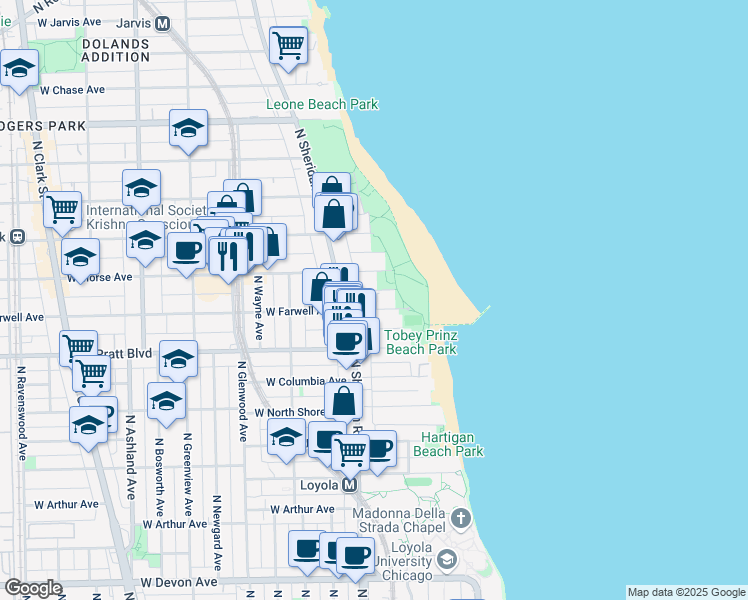 map of restaurants, bars, coffee shops, grocery stores, and more near 1125 West Morse Avenue in Chicago