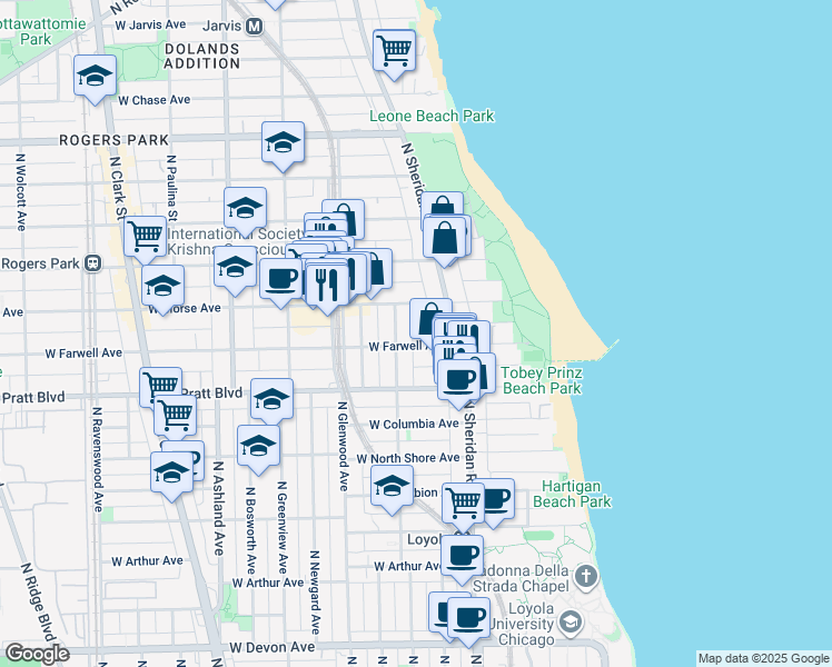 map of restaurants, bars, coffee shops, grocery stores, and more near 1225 West Morse Avenue in Chicago
