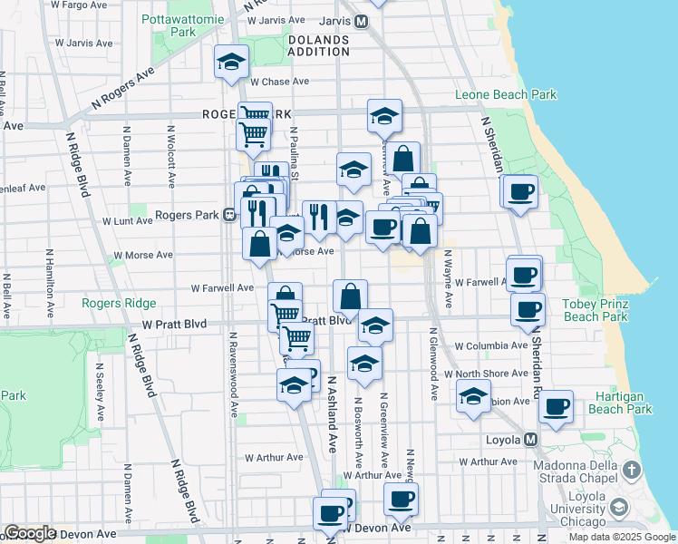 map of restaurants, bars, coffee shops, grocery stores, and more near 1600 West Morse Avenue in Chicago