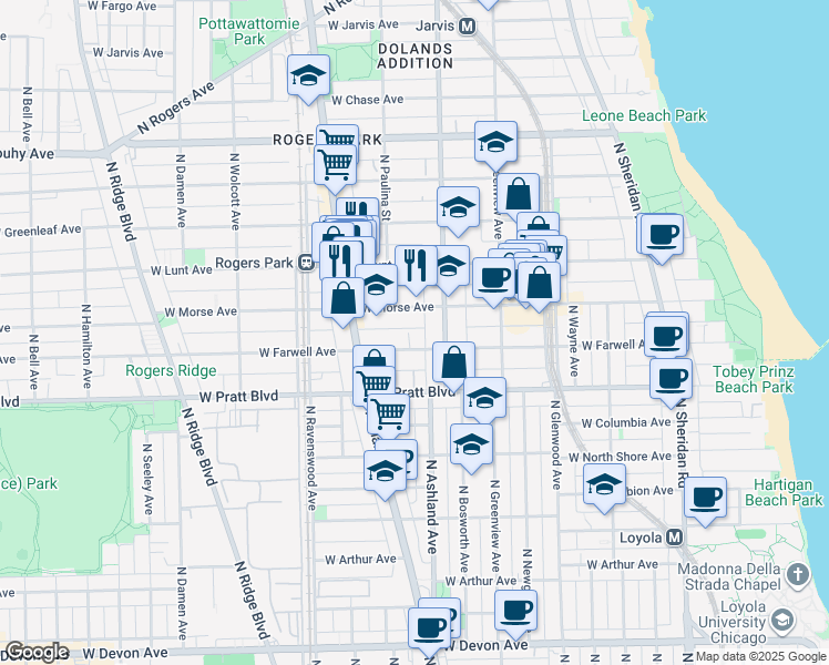 map of restaurants, bars, coffee shops, grocery stores, and more near 6918 North Ashland Avenue in Chicago