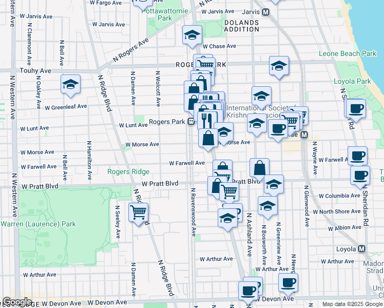 map of restaurants, bars, coffee shops, grocery stores, and more near 1773 West Morse Avenue in Chicago