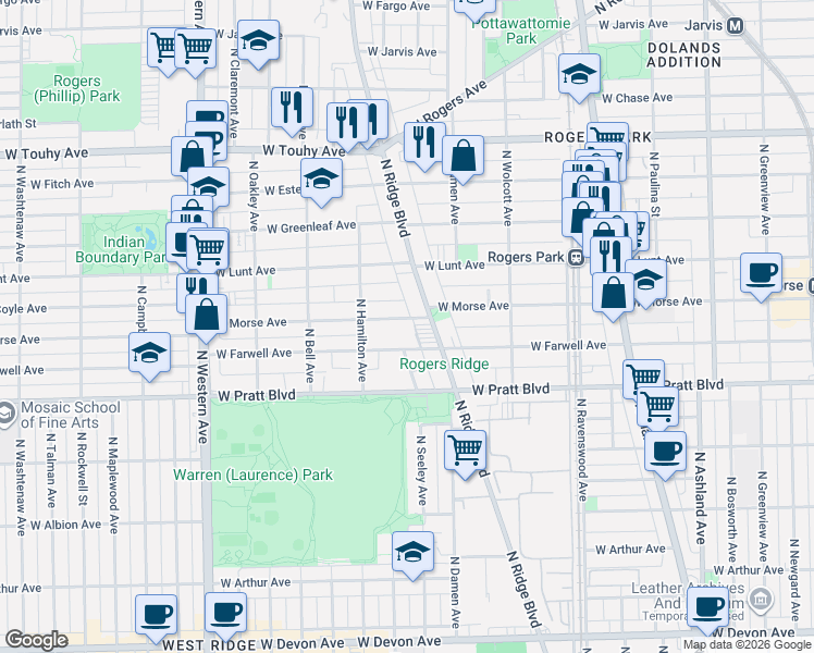 map of restaurants, bars, coffee shops, grocery stores, and more near 2030 West Morse Avenue in Chicago