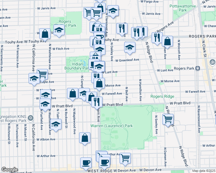 map of restaurants, bars, coffee shops, grocery stores, and more near 2308 West Morse Avenue in Chicago