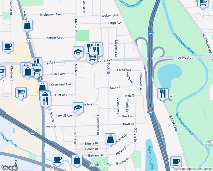 map of restaurants, bars, coffee shops, grocery stores, and more near 2529 South Scott Street in Des Plaines