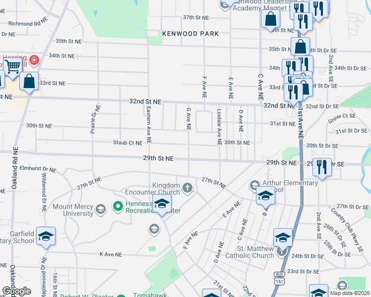 map of restaurants, bars, coffee shops, grocery stores, and more near 744 Staub Ct NE in Cedar Rapids
