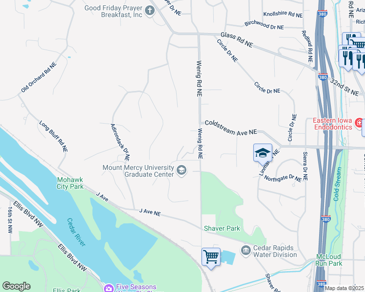 map of restaurants, bars, coffee shops, grocery stores, and more near 2911 Applewood Place Northeast in Cedar Rapids