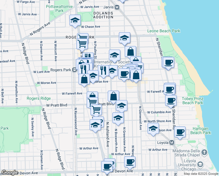 map of restaurants, bars, coffee shops, grocery stores, and more near 1600 West Morse Avenue in Chicago