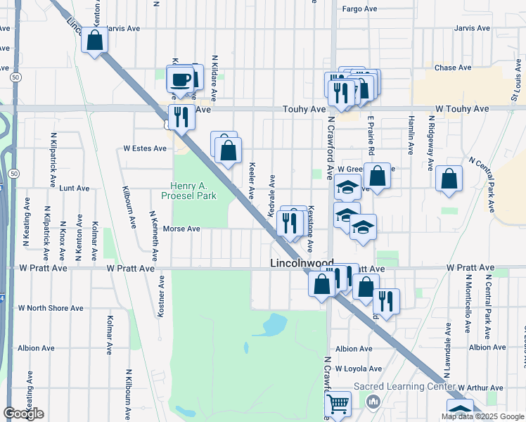 map of restaurants, bars, coffee shops, grocery stores, and more near in Lincolnwood