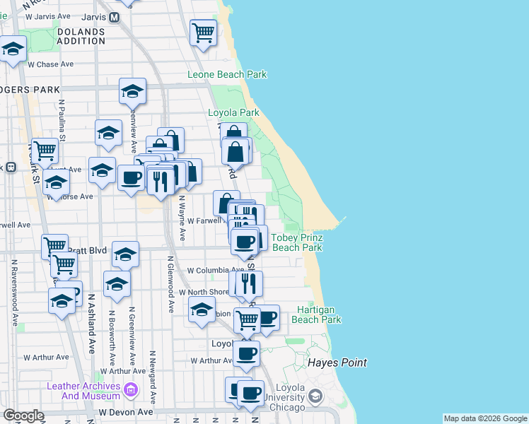 map of restaurants, bars, coffee shops, grocery stores, and more near 1125 West Morse Avenue in Chicago