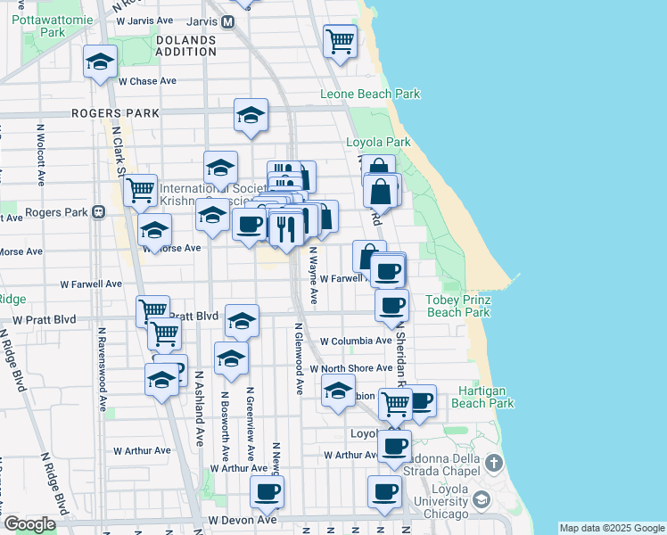 map of restaurants, bars, coffee shops, grocery stores, and more near 6921 North Wayne Avenue in Chicago