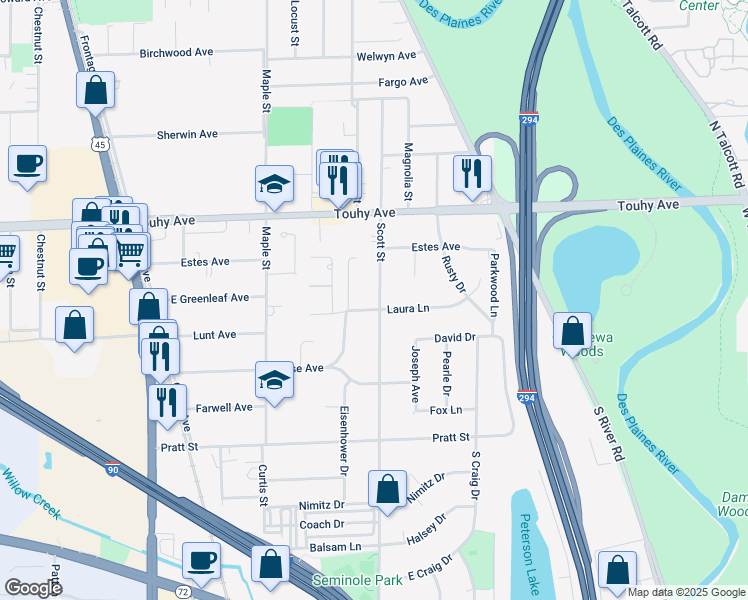 map of restaurants, bars, coffee shops, grocery stores, and more near 2529 South Scott Street in Des Plaines