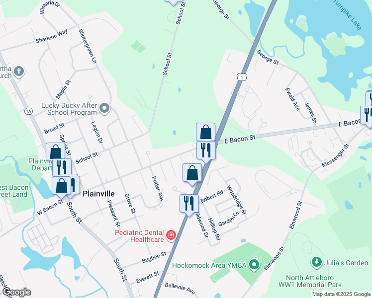 map of restaurants, bars, coffee shops, grocery stores, and more near 120 East Bacon Street in Plainville