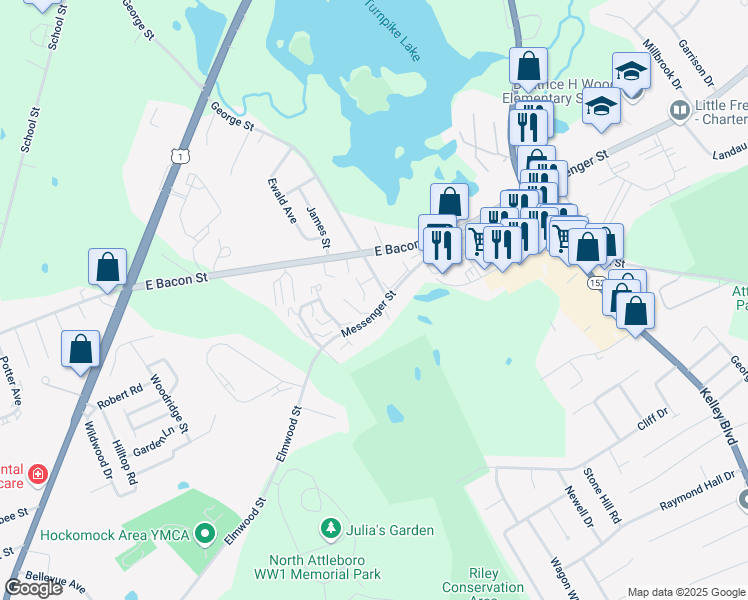 map of restaurants, bars, coffee shops, grocery stores, and more near 1 George Street in Plainville