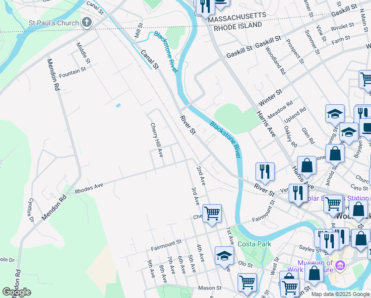 map of restaurants, bars, coffee shops, grocery stores, and more near 667 3rd Avenue in Woonsocket