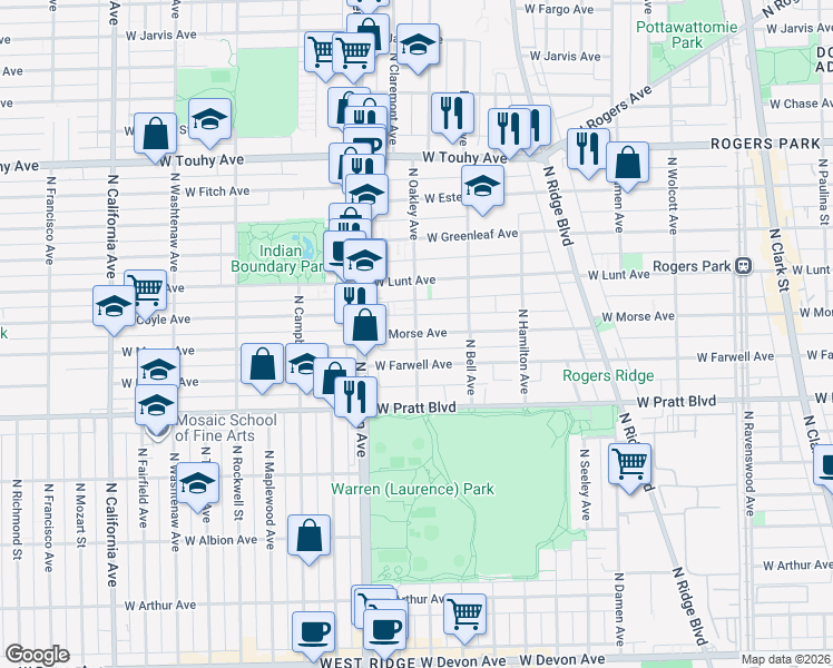 map of restaurants, bars, coffee shops, grocery stores, and more near North Oakley Avenue & West Morse Avenue in Chicago