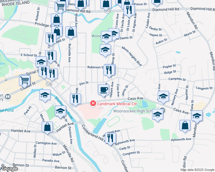 map of restaurants, bars, coffee shops, grocery stores, and more near 138 Hebert Avenue in Woonsocket