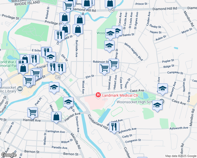 map of restaurants, bars, coffee shops, grocery stores, and more near 439 Elm Street in Woonsocket