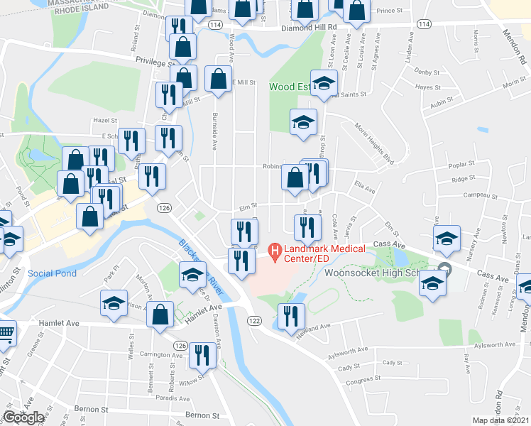 map of restaurants, bars, coffee shops, grocery stores, and more near 439 Elm Street in Woonsocket