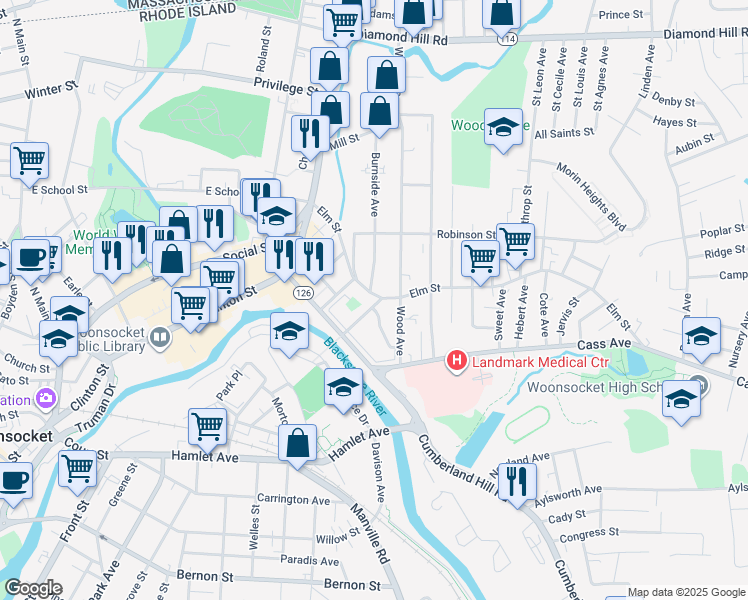 map of restaurants, bars, coffee shops, grocery stores, and more near 266 Elm Street in Woonsocket