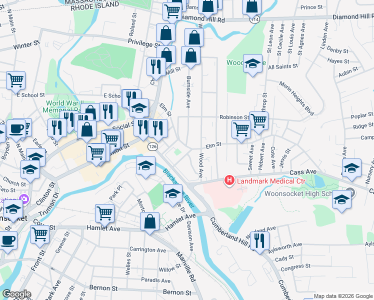 map of restaurants, bars, coffee shops, grocery stores, and more near 266 Elm Street in Woonsocket