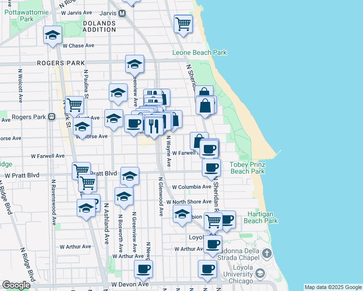 map of restaurants, bars, coffee shops, grocery stores, and more near 6921 North Wayne Avenue in Chicago
